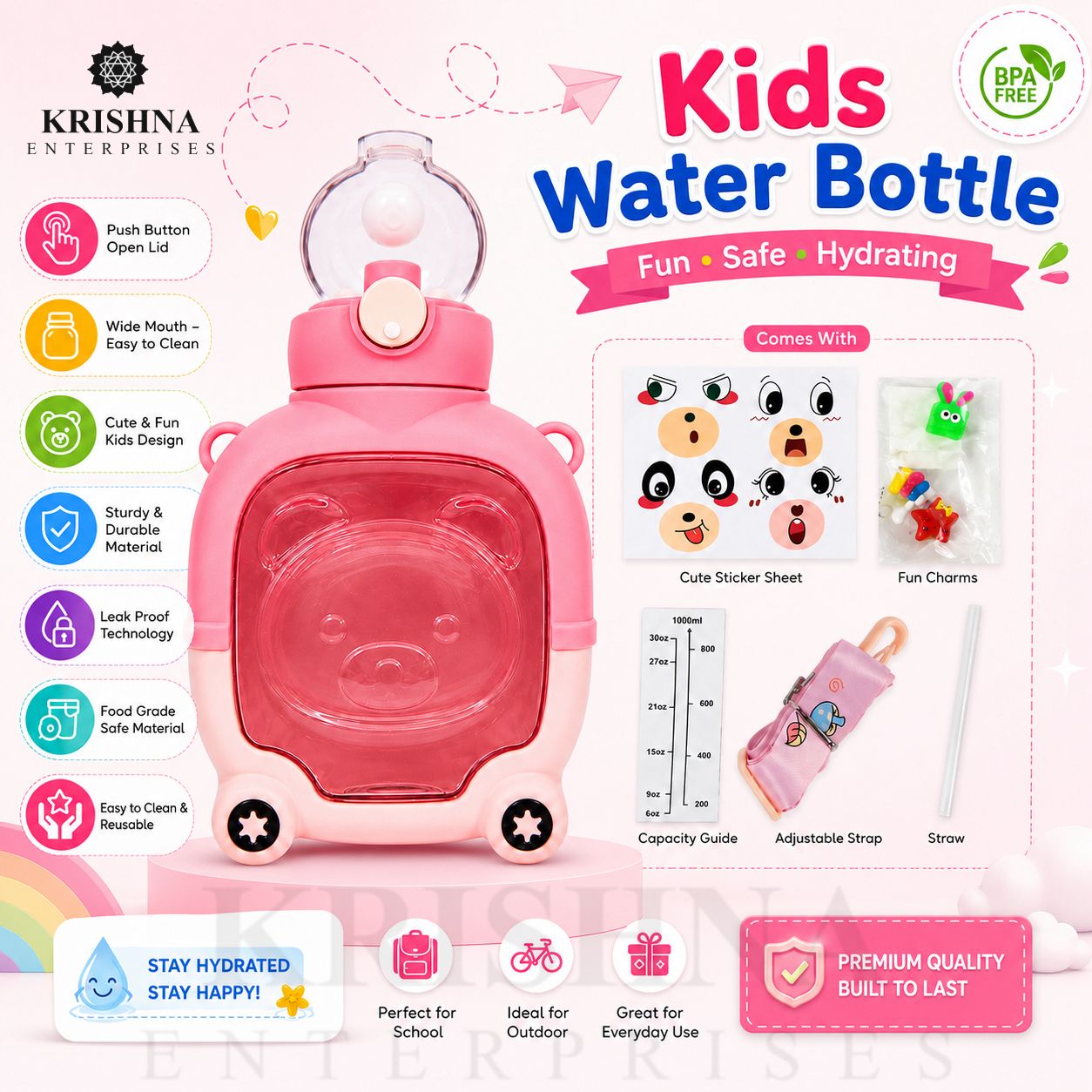 Kids water bottle for boys and girls with straw, adjustable strap, leak proof lid, BPA free food grade material and cute bear design